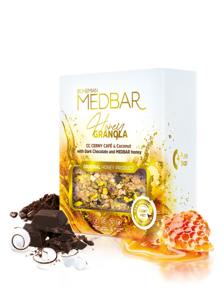 MEDBAR Medová granola s kávou CC CERNY CAFÉ, kokosem, hořkou čokoládou a medem MEDBAR